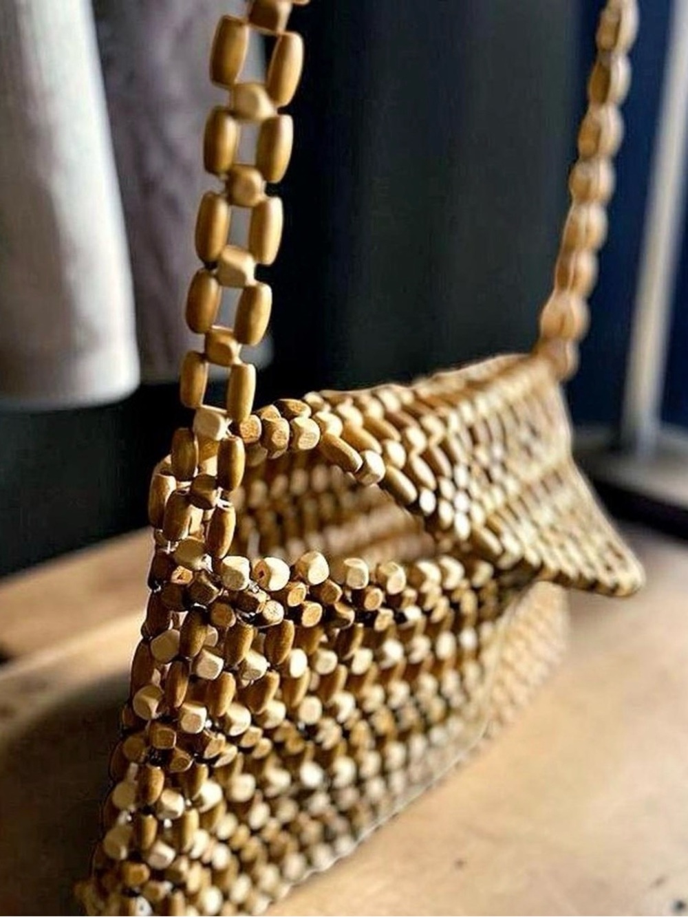 Wooden Beaded Shoulder Bag | Boho Y2K Neutral Beaded Woven Purse - Picture 7 of 7